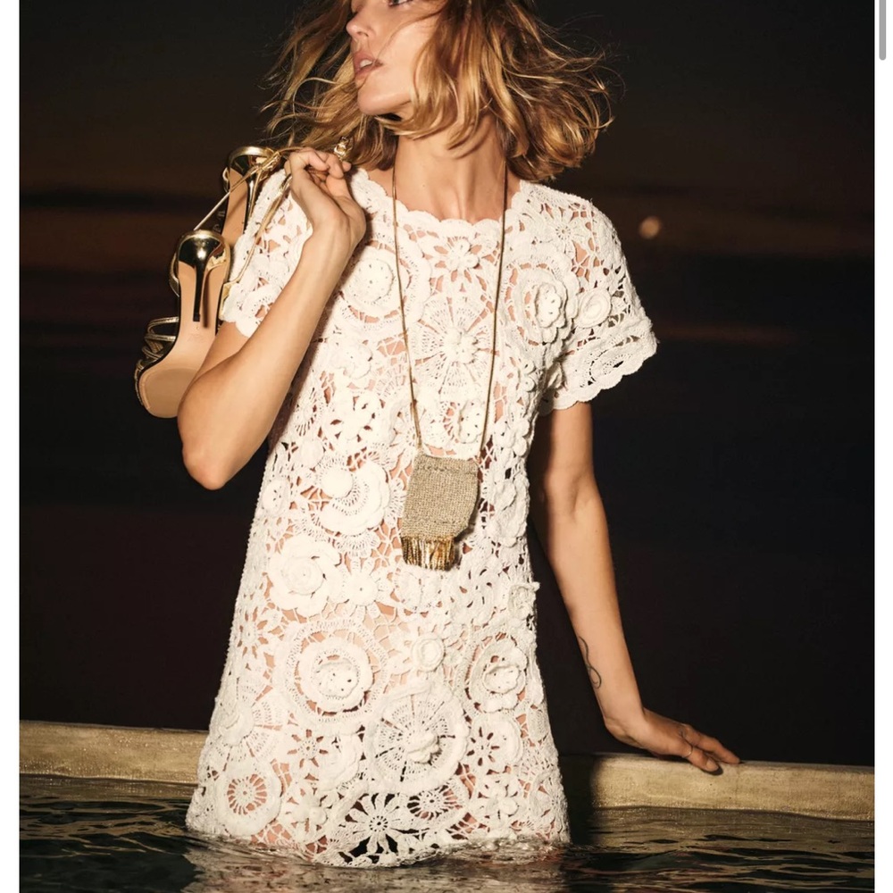 Zara NWT crochet knit mini dress ZW Collection white 6895/062